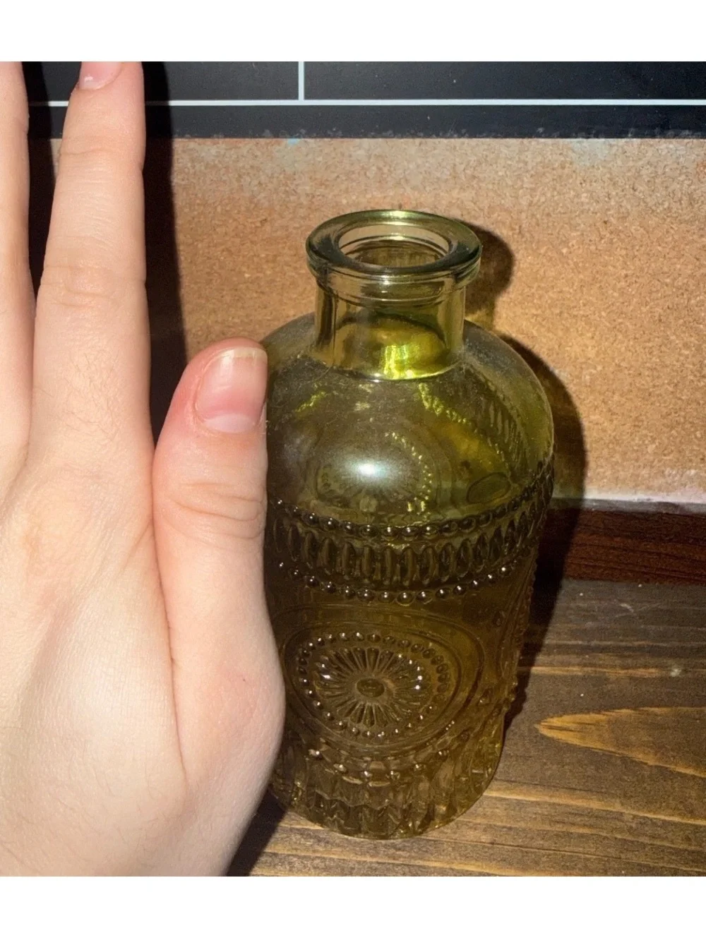 Green glass miniature vase 2.5 X5 inches tall floral decor